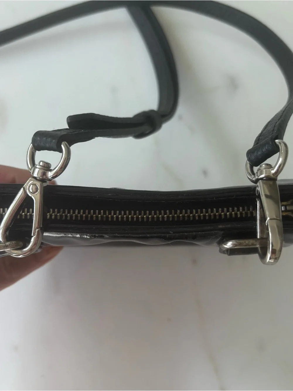 CHANEL Black Patent Leather CC Logo Converted Belt to Crossbody Bag